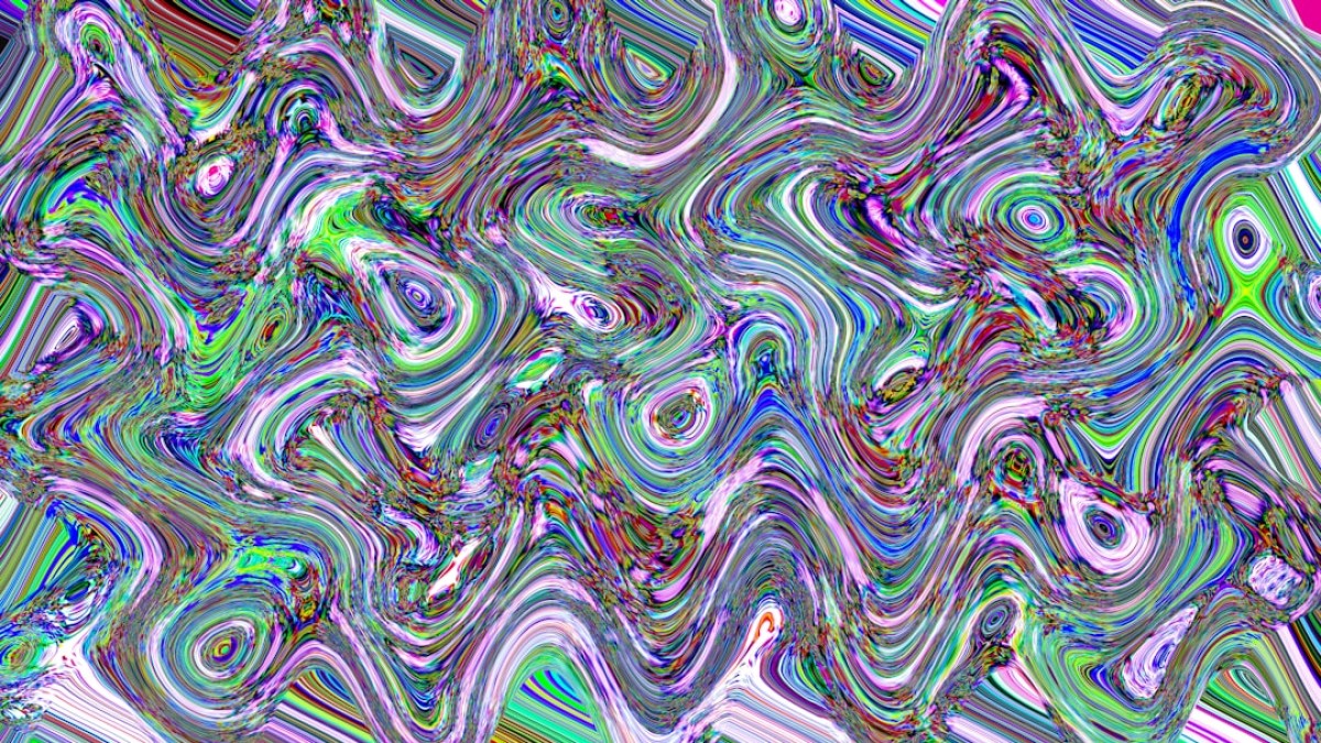 Abstract, colorful, wavy, and psychedelic patterns.